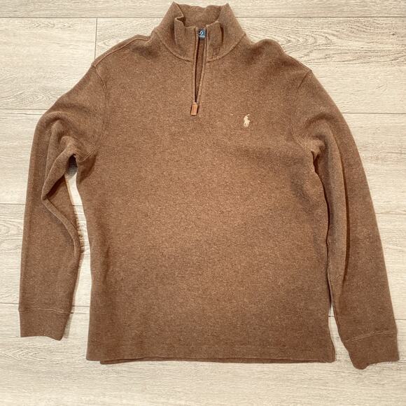 Polo Ralph Lauren Sweater Mens Large Brown Quarter Zip Pullover Pony Logo Cotton - Picture 1 of 7